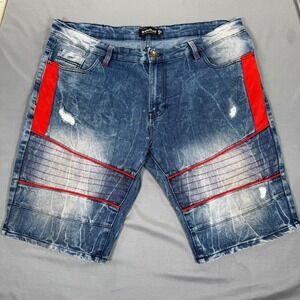 Southpole Mens Moto Denim Shorts Size 34 Blue Red Distressed Biker Stretch‎ Y2K